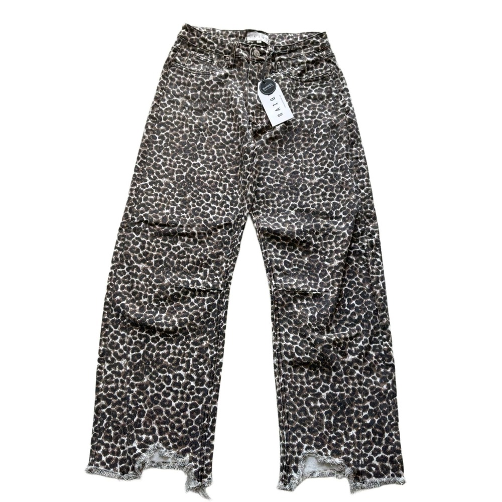 Saige Denim Leopard Print Barrel Jeans Womens Size S High Rise Raw Hem NWT